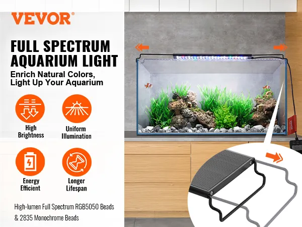 VEVOR aquarium light, full spectrum, enhances natural colors, high brightness, energy efficient.
