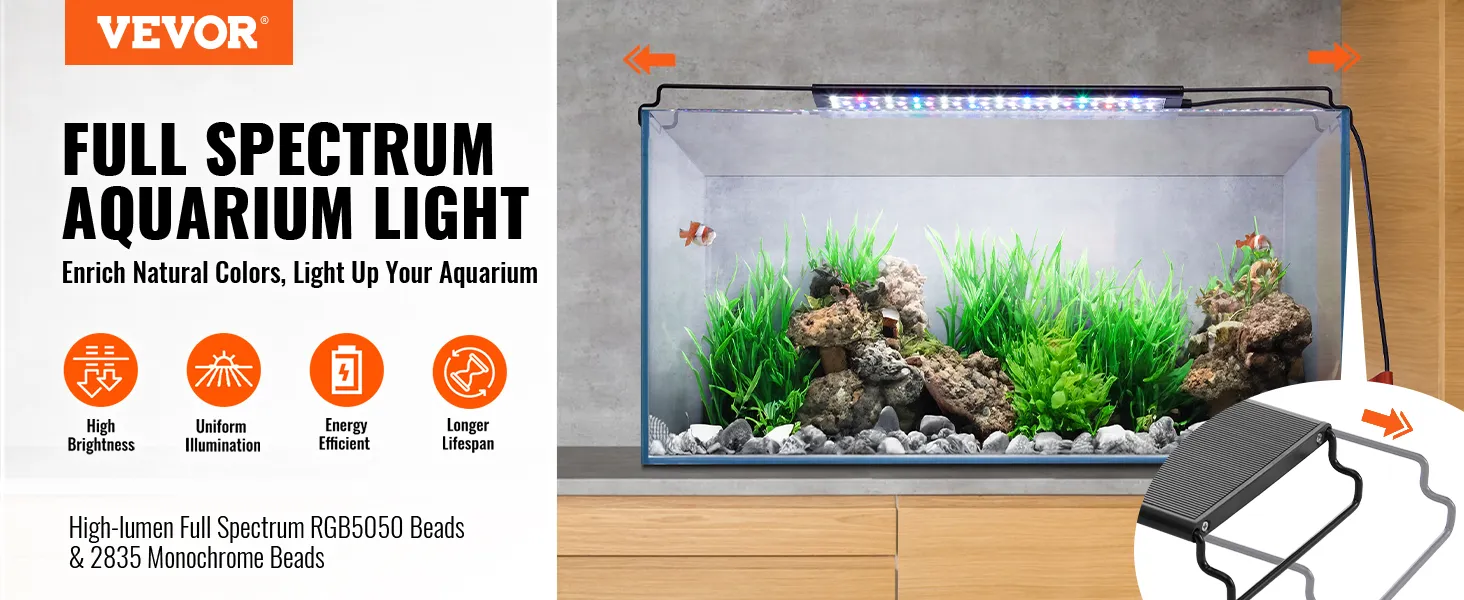 VEVOR aquarium light, full spectrum, enhances natural colors, high brightness, energy efficient.