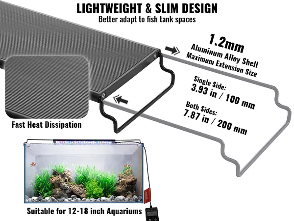 VEVOR aquarium light, slim design, 1.2mm aluminum shell, suitable for 12-18 inch fish tanks.