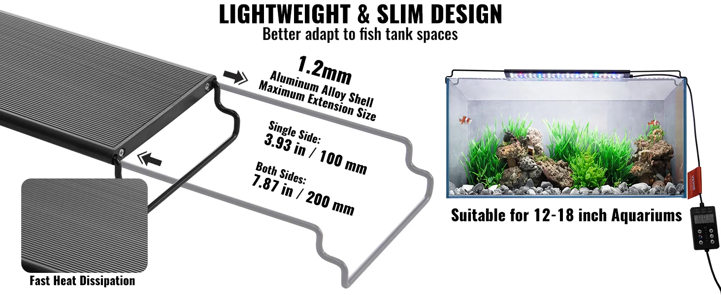 VEVOR aquarium light, slim design, 1.2mm aluminum shell, suitable for 12-18 inch fish tanks.