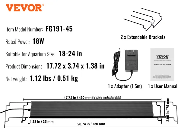VEVOR aquarium light model fg191-45 with adapter, user manual, and extendable brackets. 18w, fits 18-24 in.