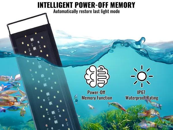 VEVOR aquarium light submerged in water with fish, featuring ip67 waterproof rating and power-off memory function.