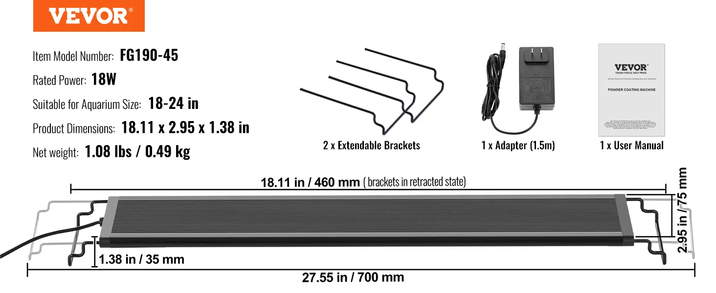 VEVOR aquarium light details: fg190-45, 18w, 18-24 inch tanks, 18.11x2.95x1.38 in, 1.08 lbs with adapter and manual.