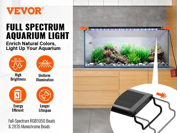 VEVOR aquarium light illuminating a vibrant fish tank with full-spectrum rgb and monochrome beads.