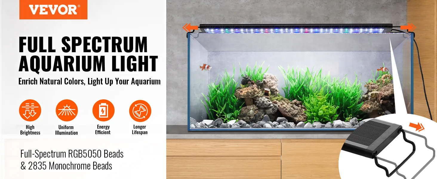 VEVOR aquarium light illuminating a vibrant fish tank with full-spectrum rgb and monochrome beads.