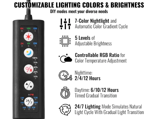 VEVOR aquarium light with customizable colors, 5 brightness levels, and programmable light modes.