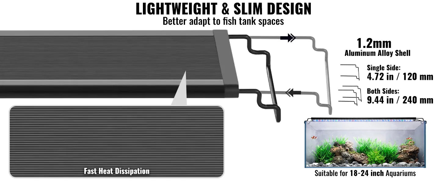 lightweight VEVOR aquarium light with 1.2mm aluminum alloy shell, suitable for 18-24 inch aquariums.