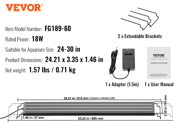 VEVOR aquarium light with 18w power, suitable for 24-30 inch tanks, measuring 24.21 x 3.35 x 1.46 inches.