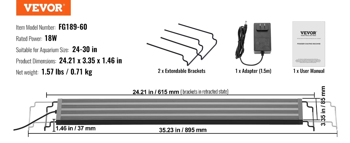 VEVOR aquarium light with 18w power, suitable for 24-30 inch tanks, measuring 24.21 x 3.35 x 1.46 inches.
