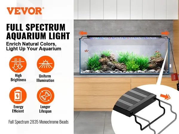 VEVOR aquarium light illuminating fish tank with plants and rocks, featuring high brightness and energy efficiency.