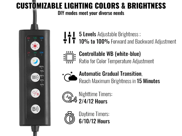 VEVOR aquarium light with adjustable brightness, color temperature control, and customizable timers.