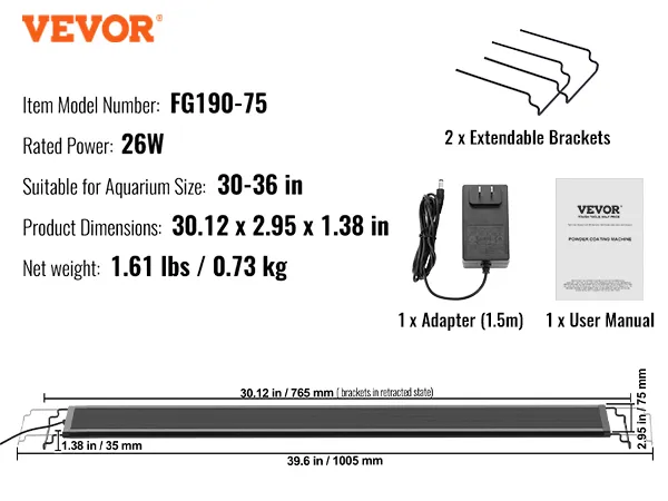 VEVOR aquarium light fg190-75 with 26w, includes 2 extendable brackets, 1 adapter, and user manual.