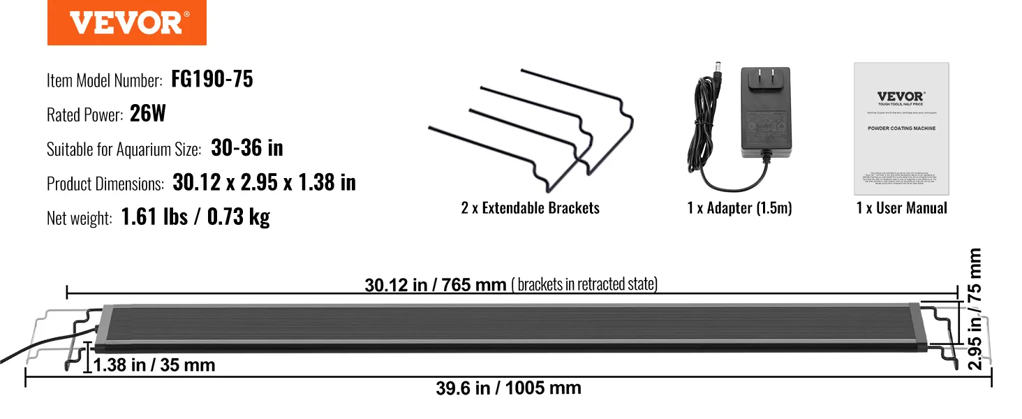VEVOR aquarium light fg190-75 with 26w, includes 2 extendable brackets, 1 adapter, and user manual.