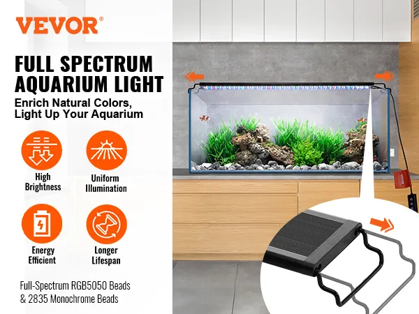 VEVOR aquarium light with high brightness, uniform illumination, energy efficiency, and longer lifespan benefits.