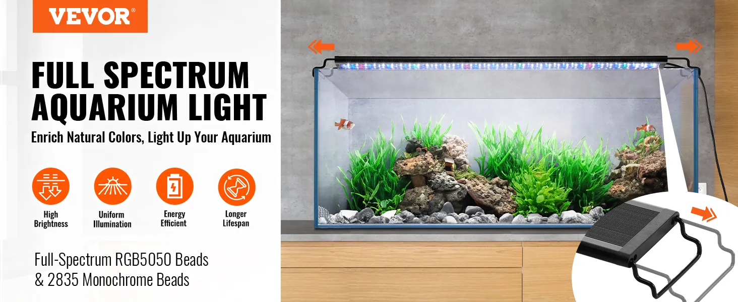 VEVOR aquarium light with high brightness, uniform illumination, energy efficiency, and longer lifespan benefits.