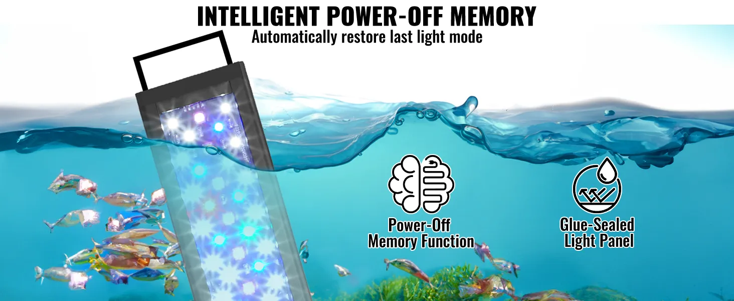 VEVOR aquarium light submerged in water showcasing power-off memory and glue-sealed light panel features.