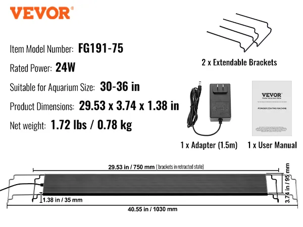 VEVOR aquarium light model fg191-75, 24w, suitable for 30-36 in tanks, includes adapter and brackets.