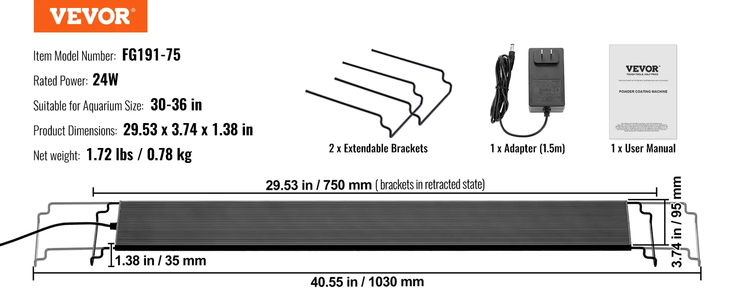 VEVOR aquarium light model fg191-75, 24w, suitable for 30-36 in tanks, includes adapter and brackets.
