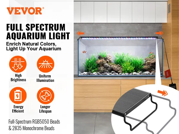 VEVOR aquarium light in use, enhancing colors and brightness in a fish tank with plants and rocks.