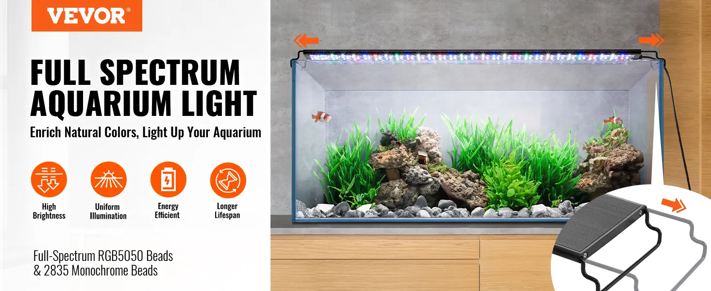 VEVOR aquarium light in use, enhancing colors and brightness in a fish tank with plants and rocks.