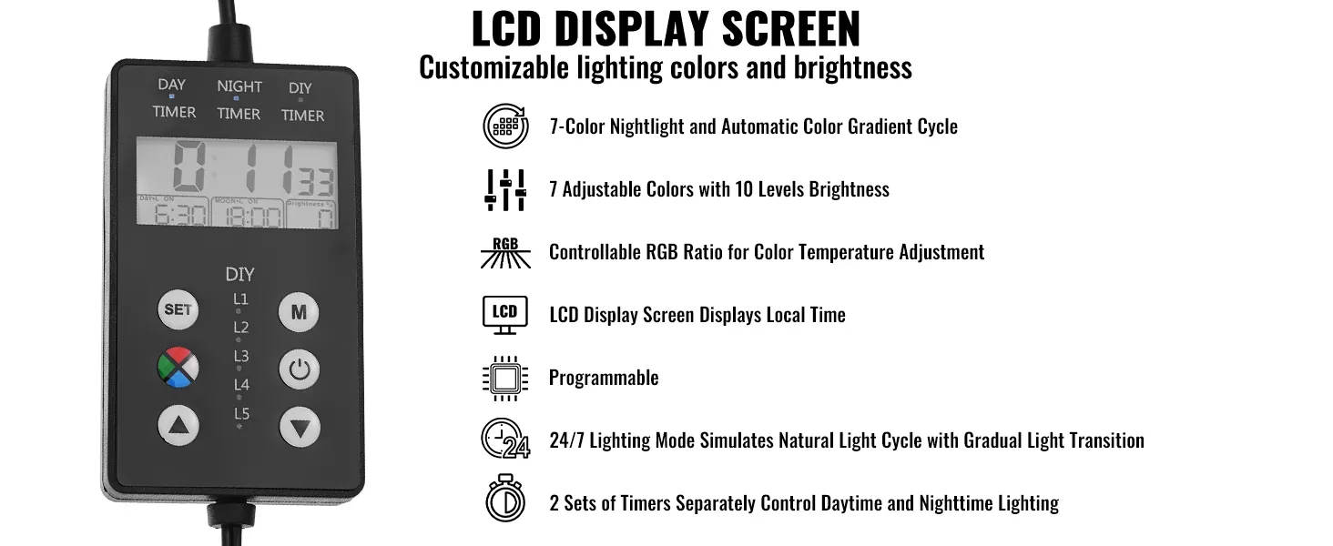lcd display screen with multiple features for the VEVOR aquarium light: customizable lighting, timers, rgb control.