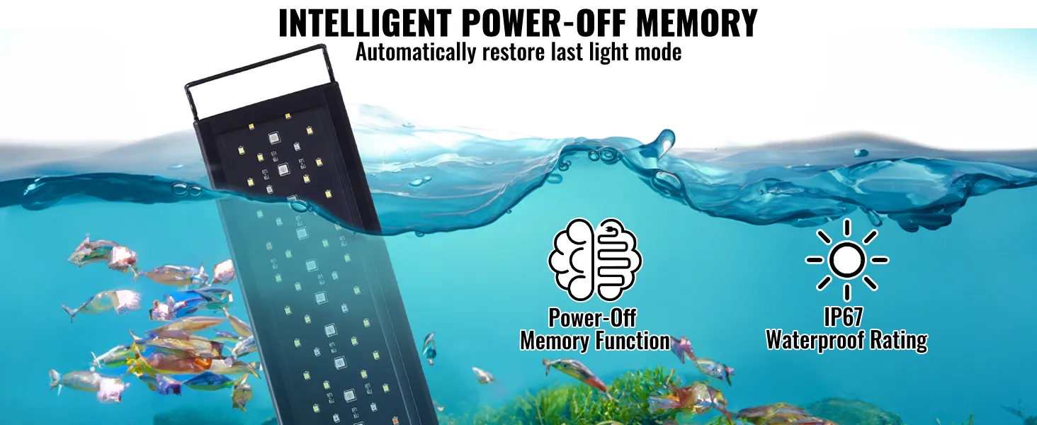 VEVOR aquarium light submerged, highlighting power-off memory and ip67 waterproof features.