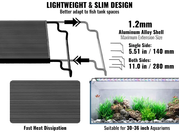 lightweight VEVOR aquarium light with aluminum alloy shell, suitable for 30-36 inch aquariums with plants.
