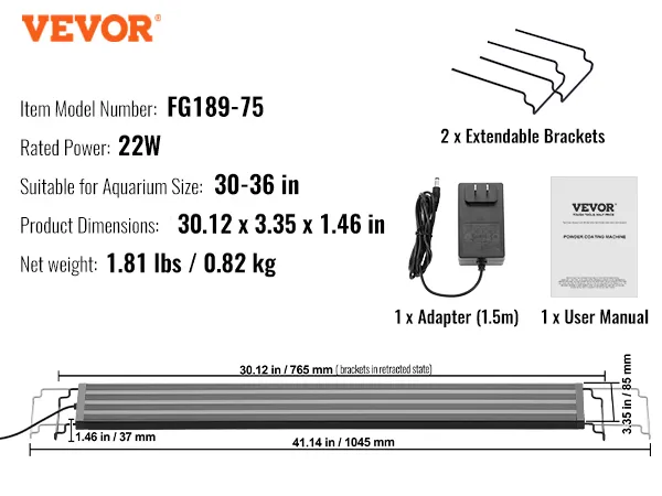 VEVOR aquarium light with adapter, dimensions 30.12 x 3.35 x 1.46 in, and 2 extendable brackets.