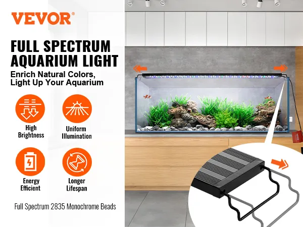VEVOR aquarium light: full spectrum, high brightness, uniform illumination, energy efficient, longer lifespan.