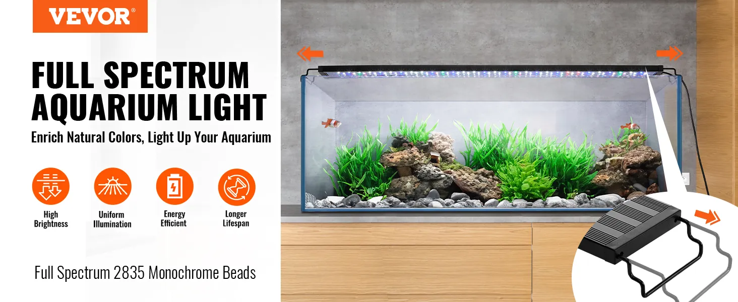 VEVOR aquarium light: full spectrum, high brightness, uniform illumination, energy efficient, longer lifespan.
