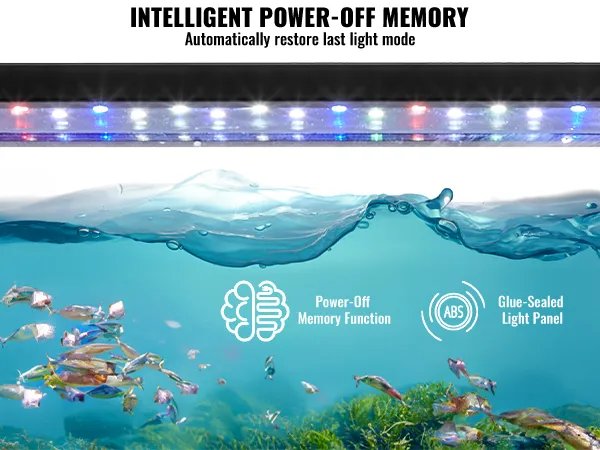 VEVOR aquarium light with intelligent power-off memory, vibrant underwater scene, abs glue-sealed light panel.
