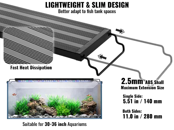 lightweight VEVOR aquarium light, slim design, fast heat dissipation, suitable for 30-36 inch aquariums.