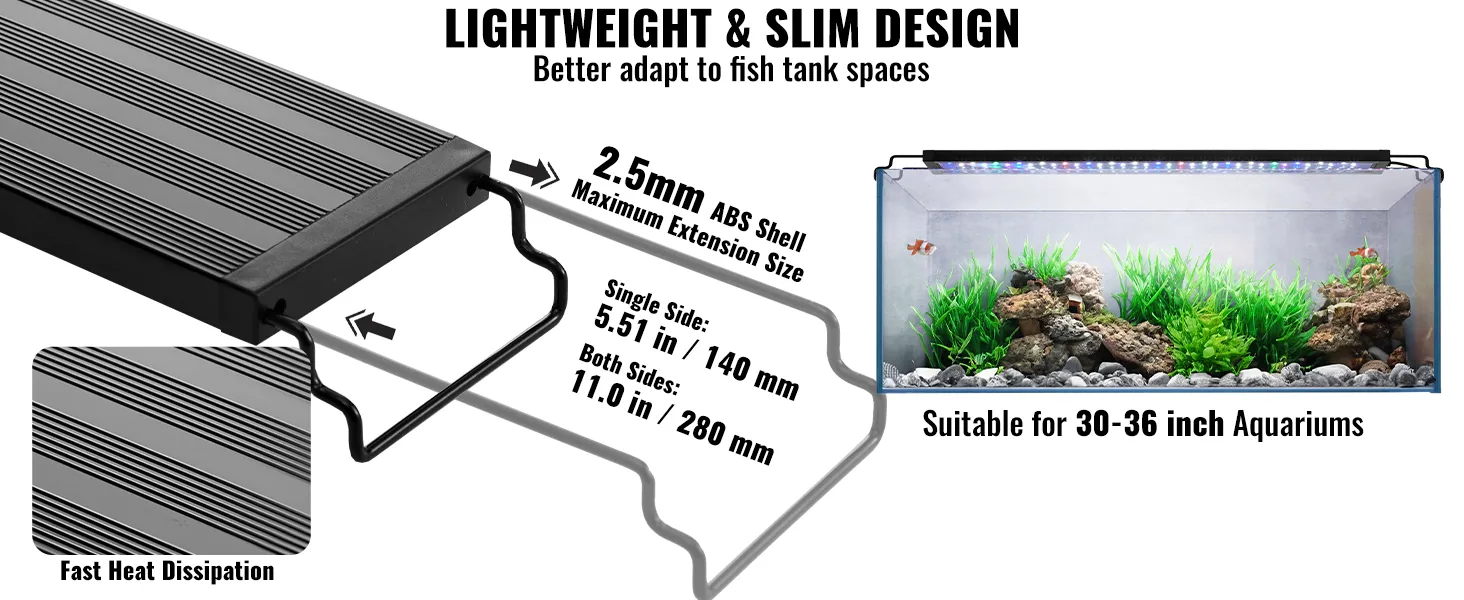 lightweight VEVOR aquarium light, slim design, fast heat dissipation, suitable for 30-36 inch aquariums.