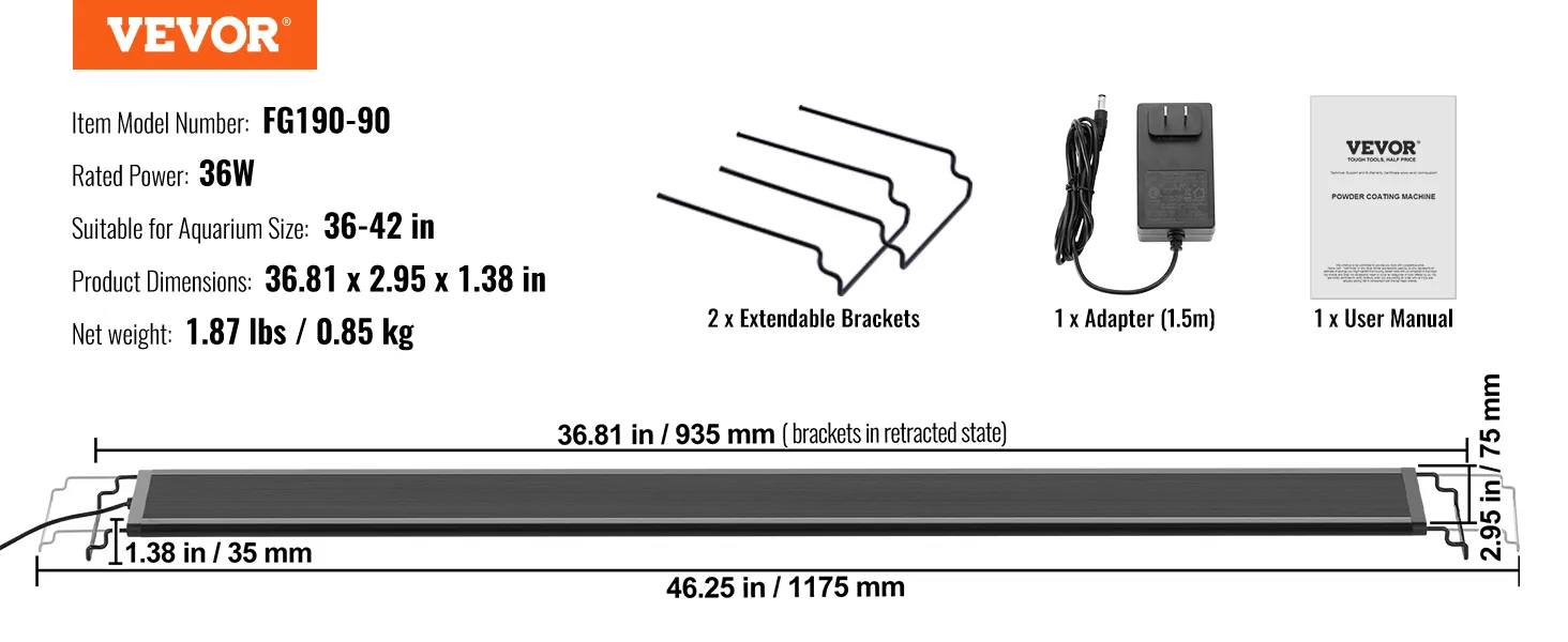 VEVOR aquarium light, model fg190-90, 36w power, 36-42 in size, includes adapter, brackets, and manual.