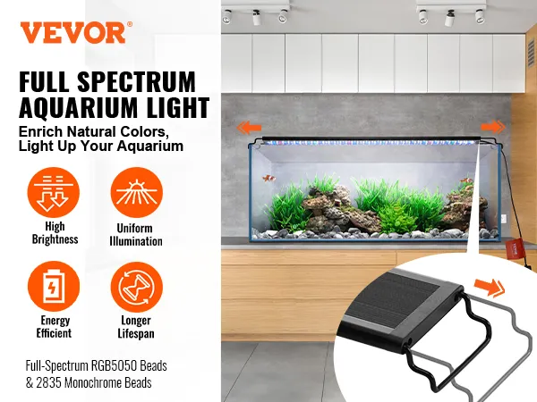 VEVOR aquarium light: full-spectrum aquarium light, enriches natural colors, high brightness, energy efficient.