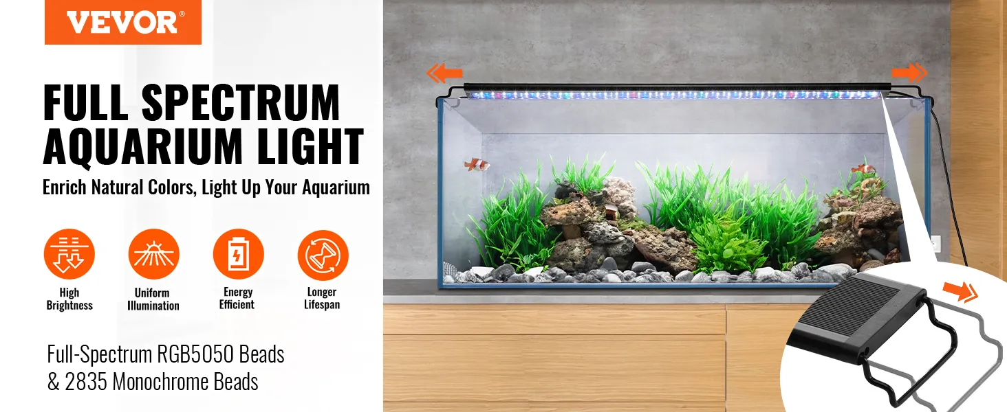 VEVOR aquarium light: full-spectrum aquarium light, enriches natural colors, high brightness, energy efficient.