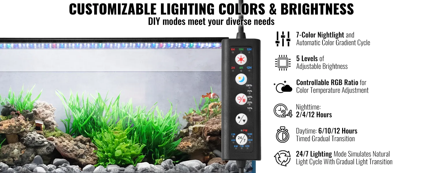 VEVOR aquarium light with customizable colors, brightness levels, 24/7 lighting, and remote control in a planted tank.