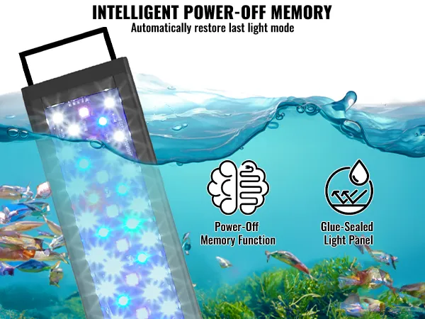 VEVOR aquarium light underwater with power-off memory function and glue-sealed light panel.