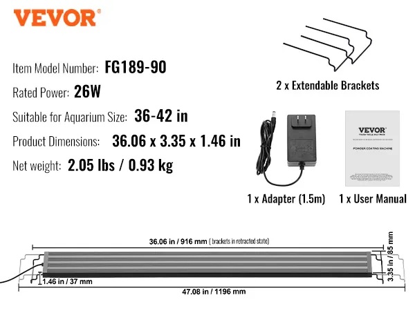 VEVOR-Aquarienlicht mit 26 W Leistung, ausziehbaren Halterungen, Adapter und Benutzerhandbuch. Geeignet für 36–42-Zoll-Aquarien.