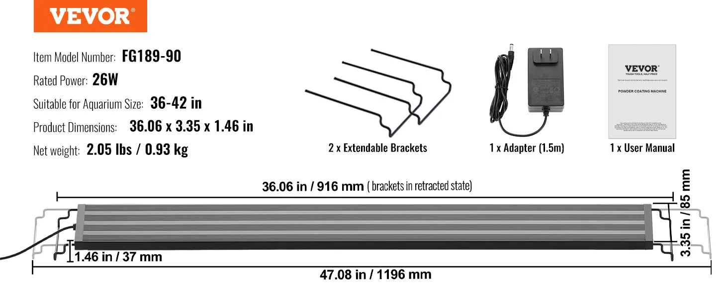 VEVOR-Aquarienlicht mit 26 W Leistung, ausziehbaren Halterungen, Adapter und Benutzerhandbuch. Geeignet für 36–42-Zoll-Aquarien.