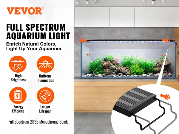 VEVOR-Aquarienlicht, Vollspektrum-LED, beleuchtet ein lebendiges Aquarium mit Fischen, Pflanzen und Steinen.
