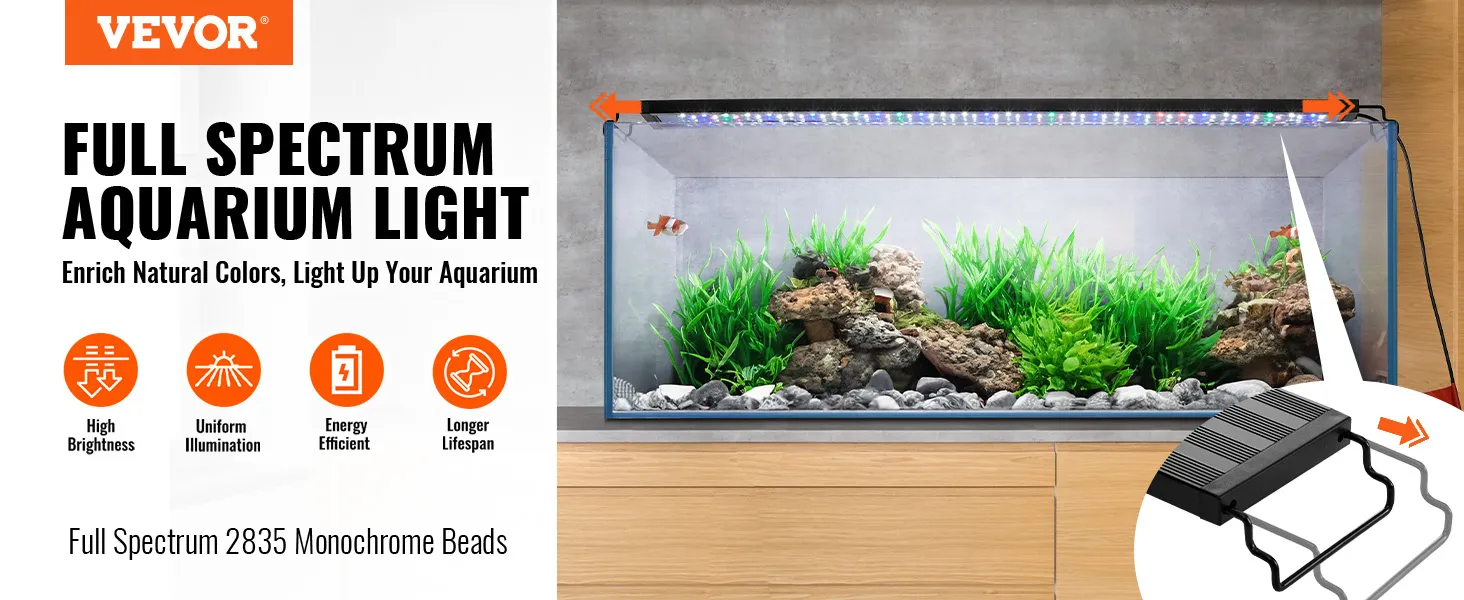 VEVOR-Aquarienlicht, Vollspektrum-LED, beleuchtet ein lebendiges Aquarium mit Fischen, Pflanzen und Steinen.