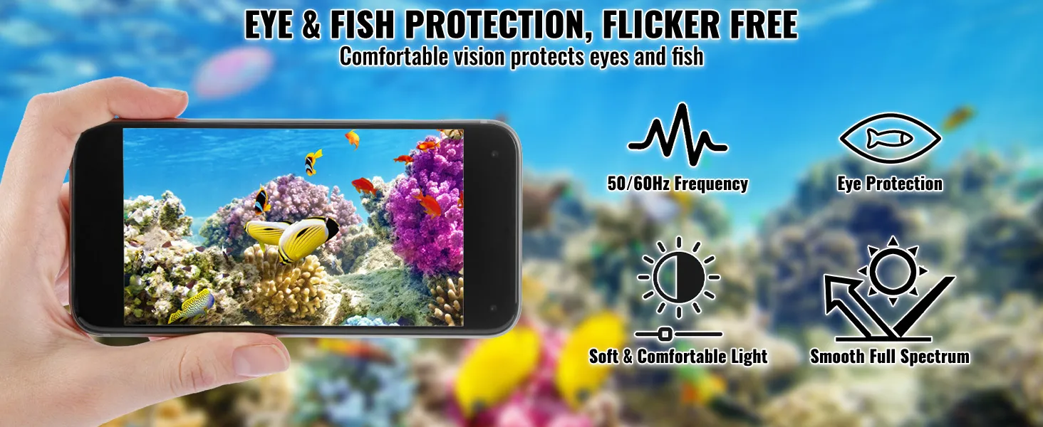 Ein Smartphone in der Hand, auf dem bunte Fische und Korallen zu sehen sind, sowie ein Text, der die Funktionen der VEVOR-Aquarienbeleuchtung hervorhebt.
