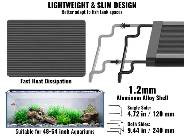 lightweight and slim VEVOR aquarium light with fast heat dissipation, suitable for 48-54 inch aquariums.