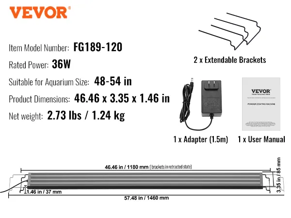 VEVOR aquarium light fg189-120, 36w, adjustable for 48-54 in tanks, with adapter and user manual.