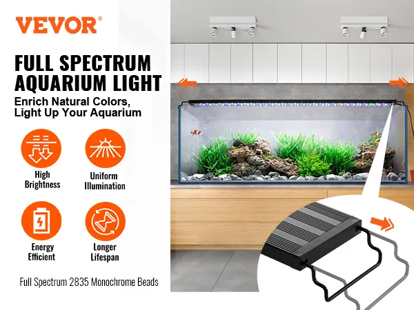 VEVOR aquarium light, full spectrum led lighting, enhances aquarium colors and plant growth.