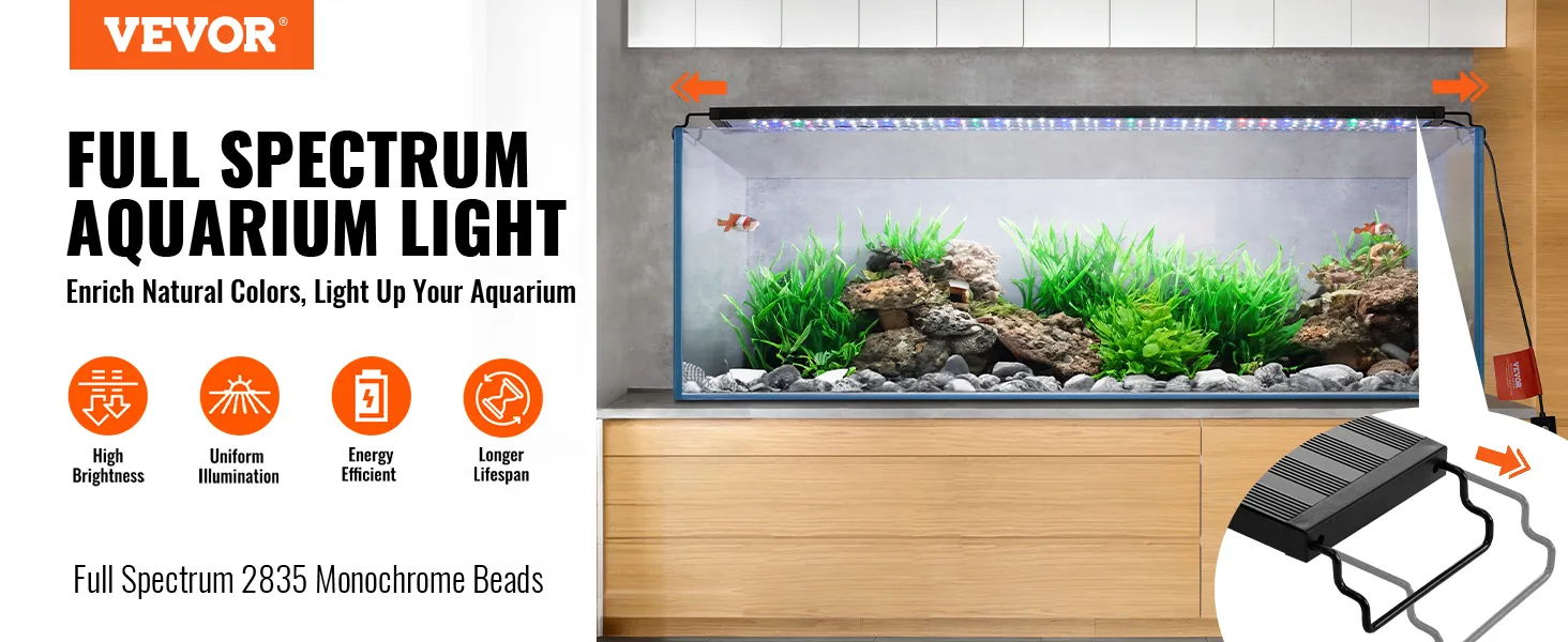 VEVOR aquarium light, full spectrum led lighting, enhances aquarium colors and plant growth.