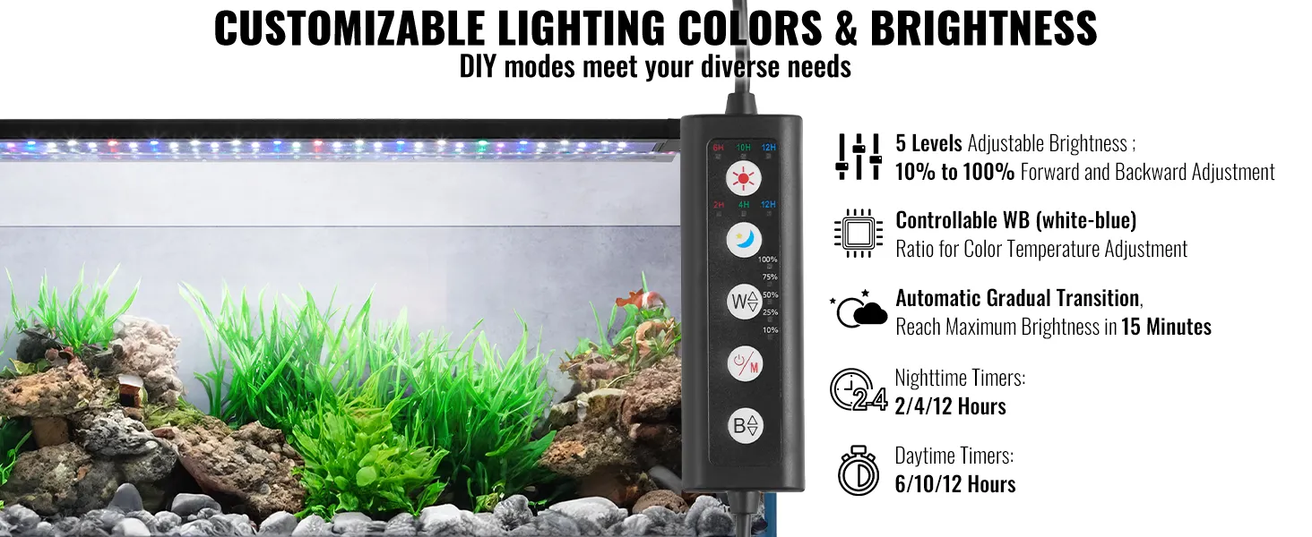VEVOR aquarium light with customizable colors and brightness, featuring 5 brightness levels and timers.