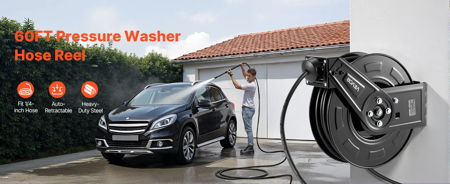 VEVOR Pressure Washer Hose Reel 60ft x 1/4in Retractable 4000PSI Auto-Rewinding