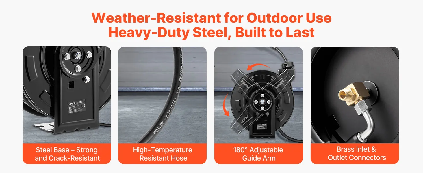 VEVOR Pressure Washer Hose Reel 60ft x 1/4in Retractable 4000PSI Auto-Rewinding